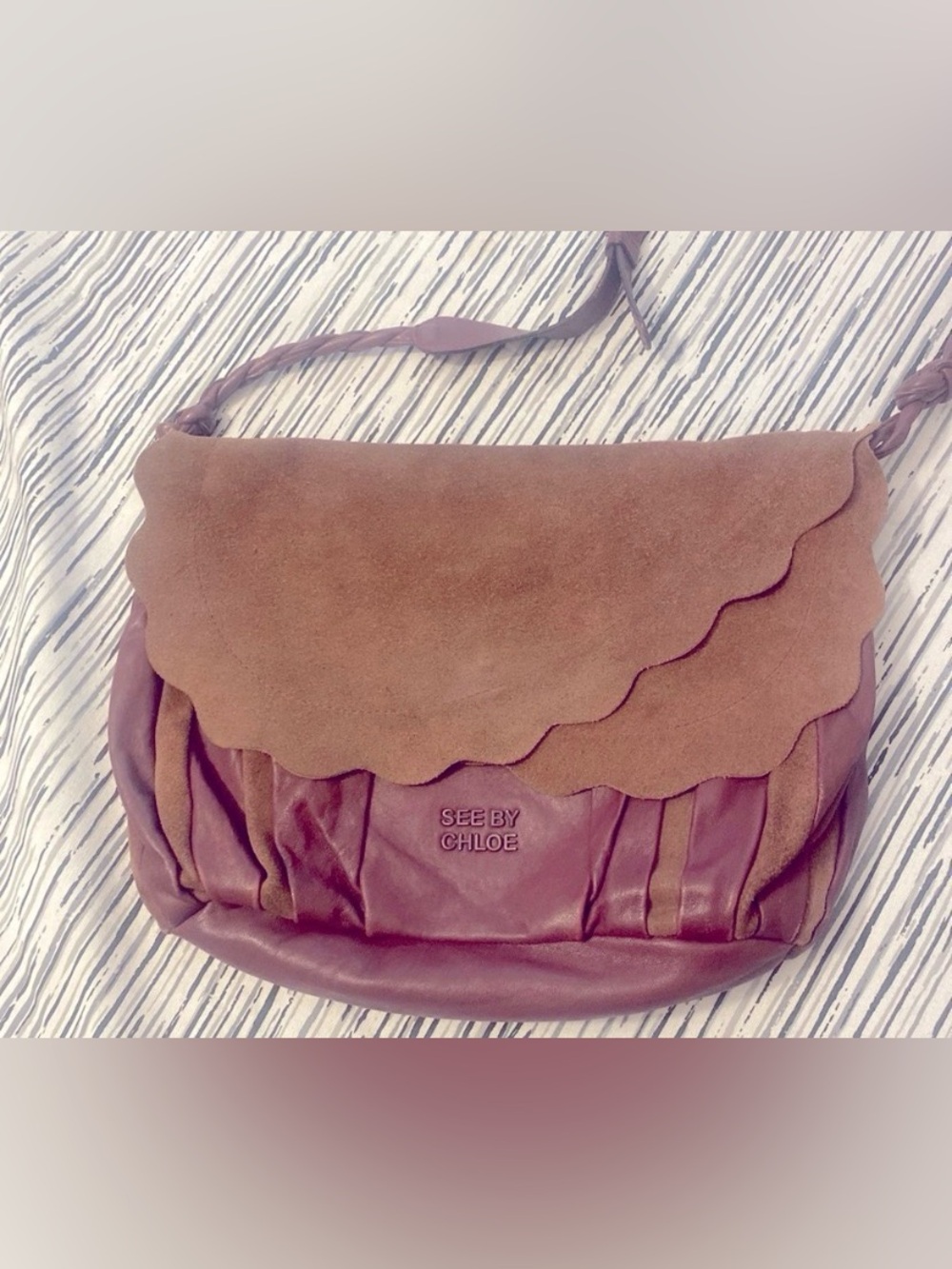 See By Chloe Two-Tone Scalloped Suede & Leather Shoulder Bag in deep purple